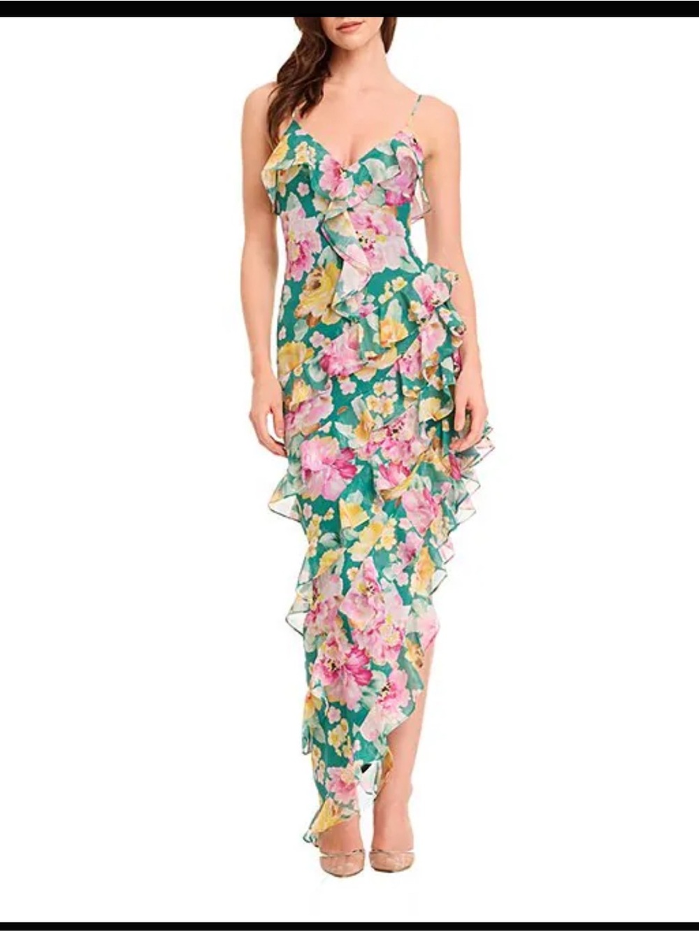 Dress the Population Teal Floral Ruffle High-Low Slip Dress